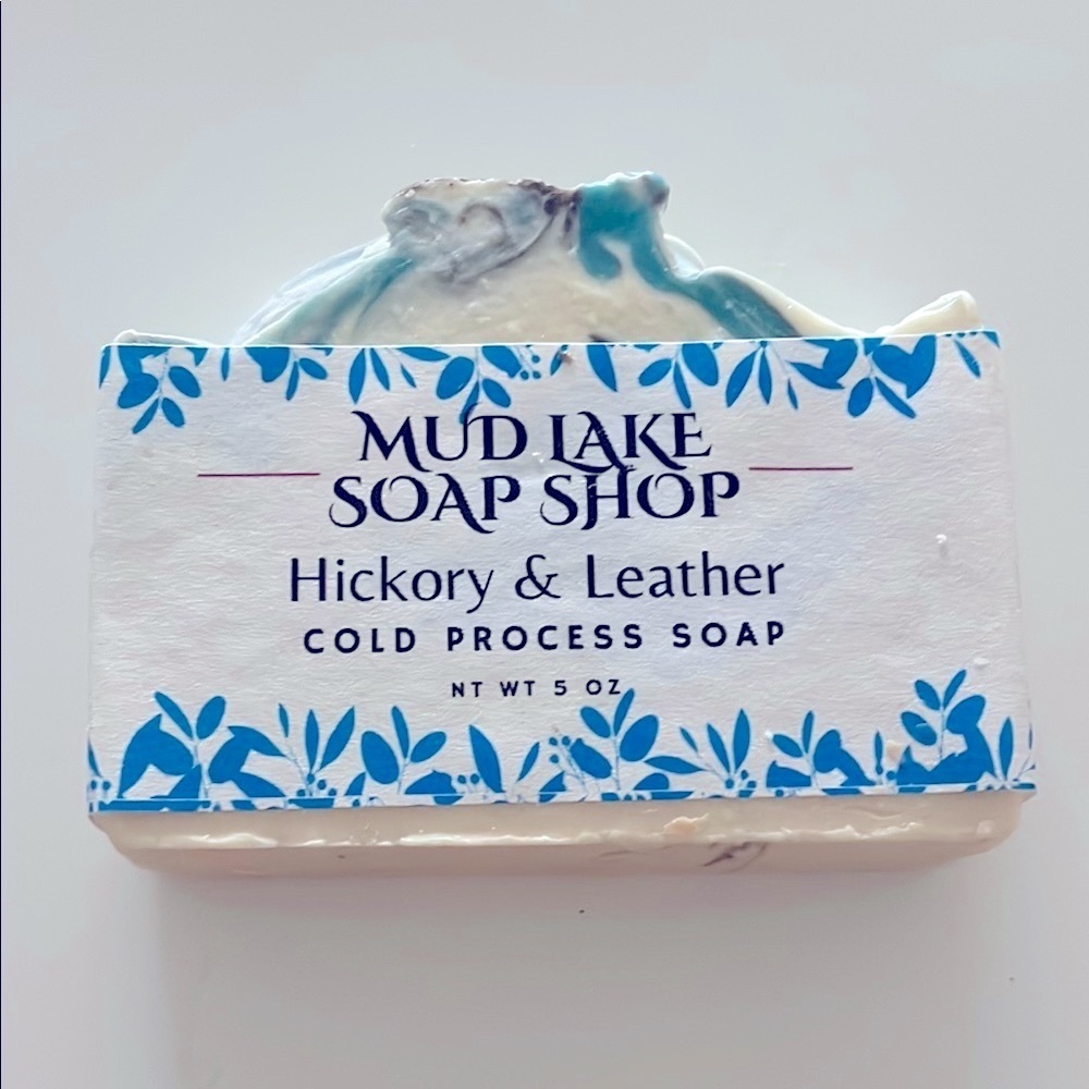 Handcrafted Hickory & Leather Soap - Blue and White New Size 5oz
